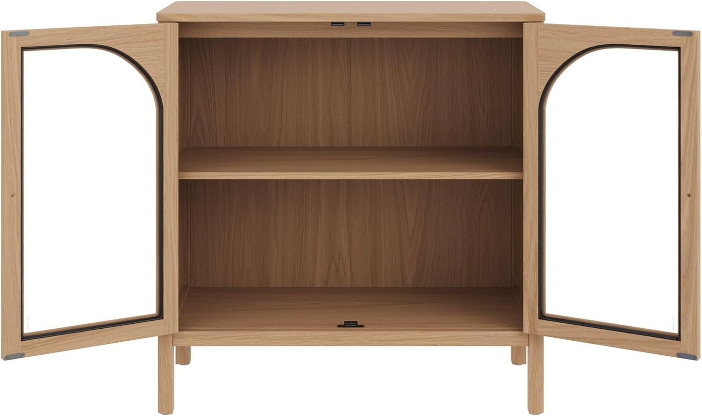 Nathan James Mason Modern Farmhouse Storage Cabinet, Free Standing Accent Sideboard Buffet, Cabinet with Glass Doors and Adjustable Shelf, Clear Glass/Raw Oak