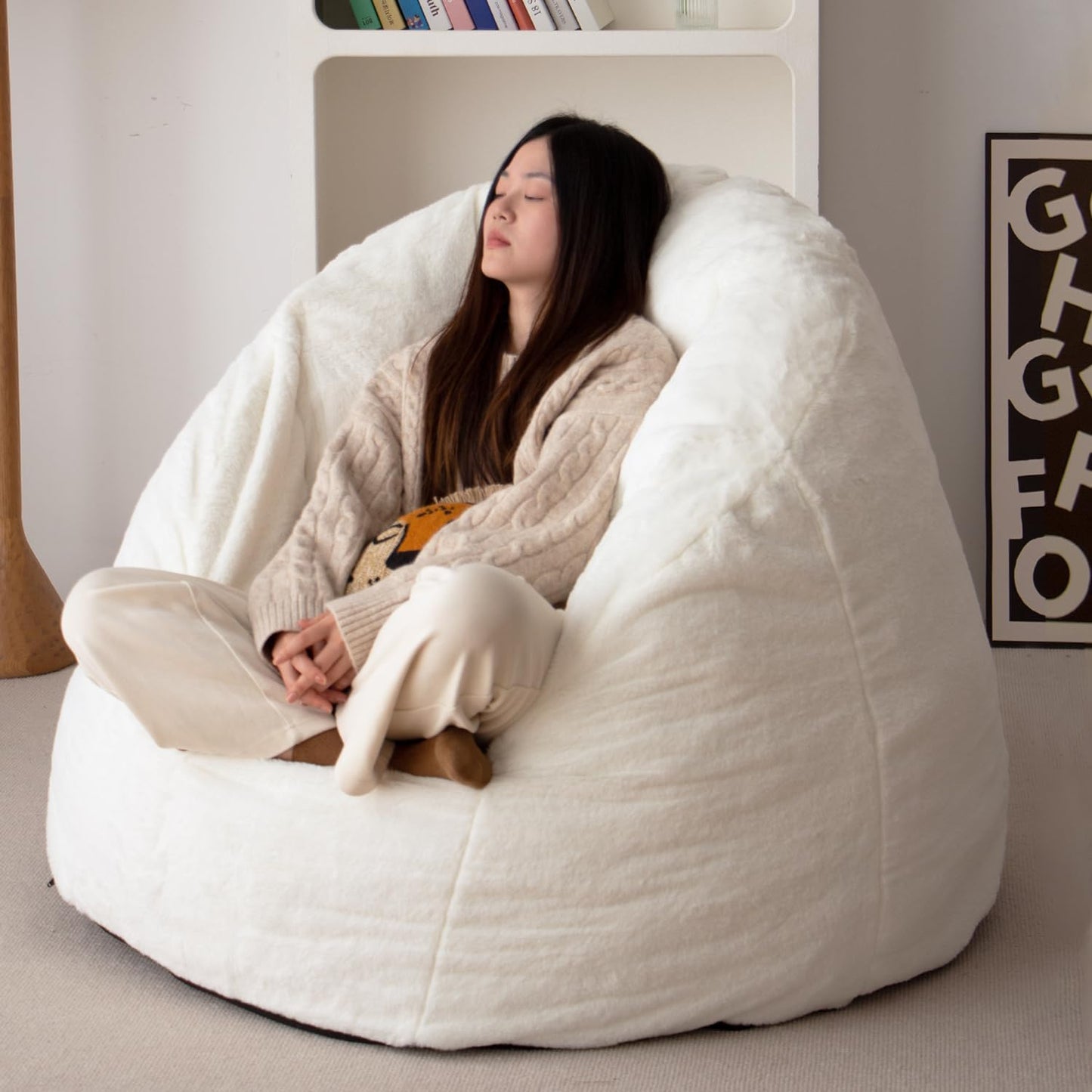 N&V Large Shell Bean Bag Chair, Adult Size Bean Bag Sack, Foam Filling, Includes Removable and Machine Washable Cover, 40in, Soft Faux Fur, White
