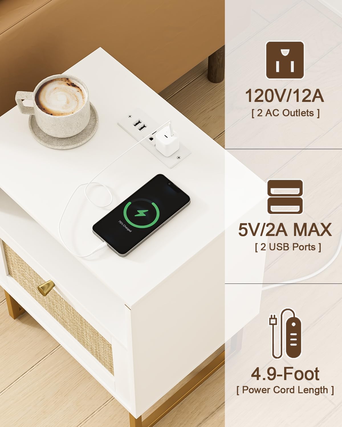 Masupu Extra Large Rattan Nightstand with Charging Station,Boho Night Stand Modern Farmhouse Wood Bedside Table with Storage Drawer and Open Shelf,Side End Table for Bedroom,Living Room,Office White