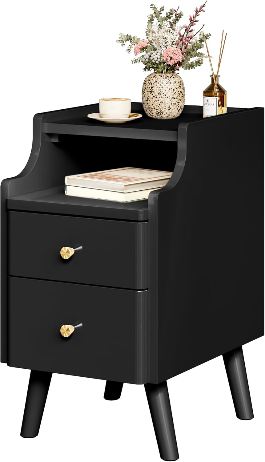 Narrow Nightstand, Solid Wood Night Stand with 2 Drawers, White Mid Century Modern Nightstand, Small Beside Table with Open Storage Shelf for Bedroom（12 inch