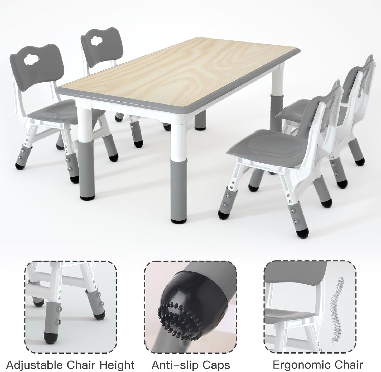 Kids Table and 4 Chairs Set，Height Adjustable Children Table & Chair，Toddlers Study Multi-Activity Table with 47.2"x23.6" Wipe-Clean Desktop，for Classrooms, Homes & Daycares