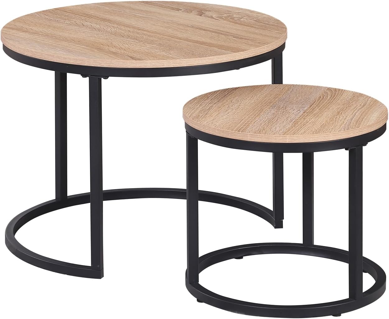 CENSI 24" Round Nesting Table, Accent Coffee Table, Natural Oak, Light Wooden Finish, Space-Saving, Modern Industrial Style