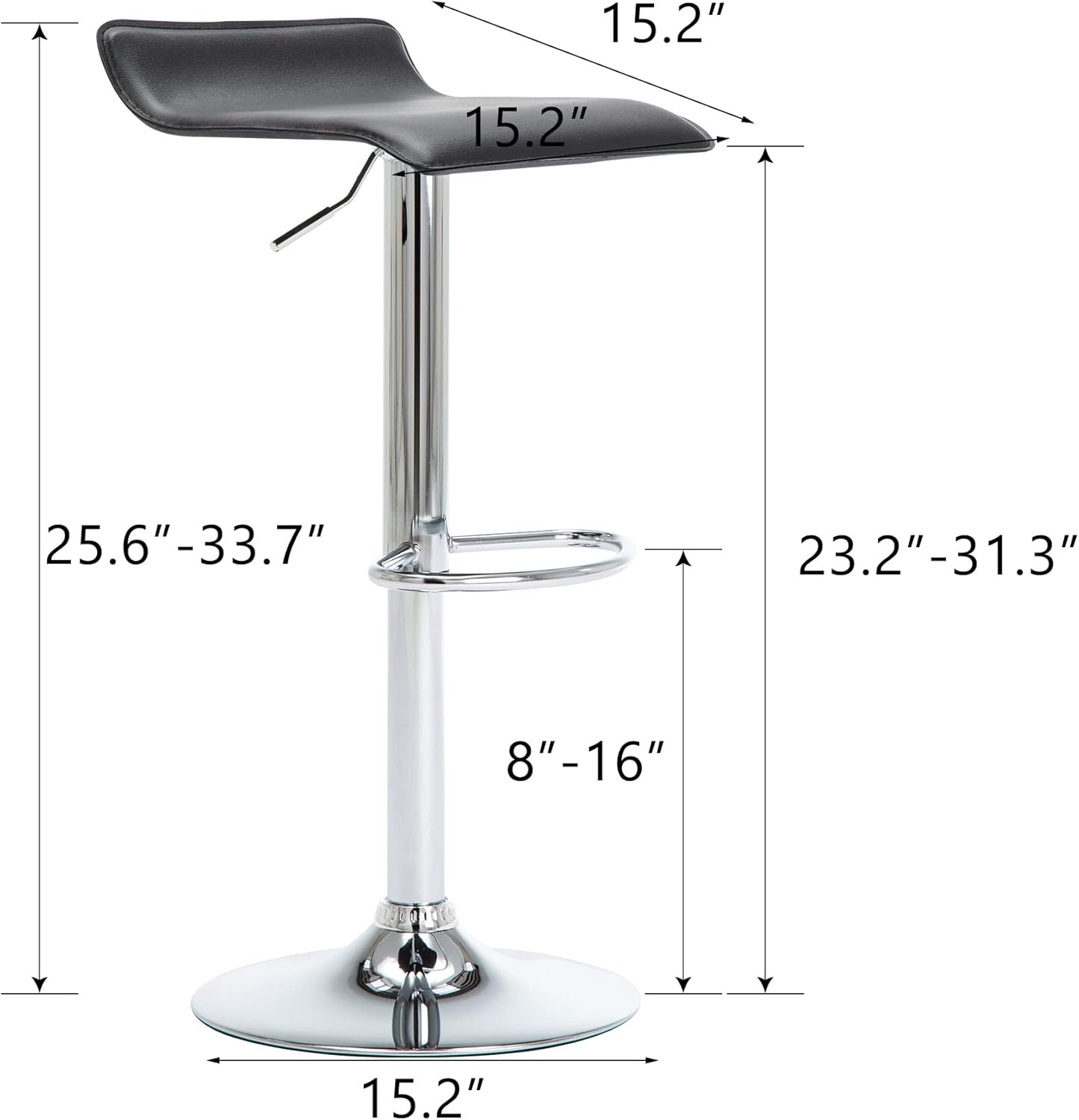 NOBPEINT Contemporary Chrome Air Lift Adjustable Swivel Bar Stool, Set of 2, Black