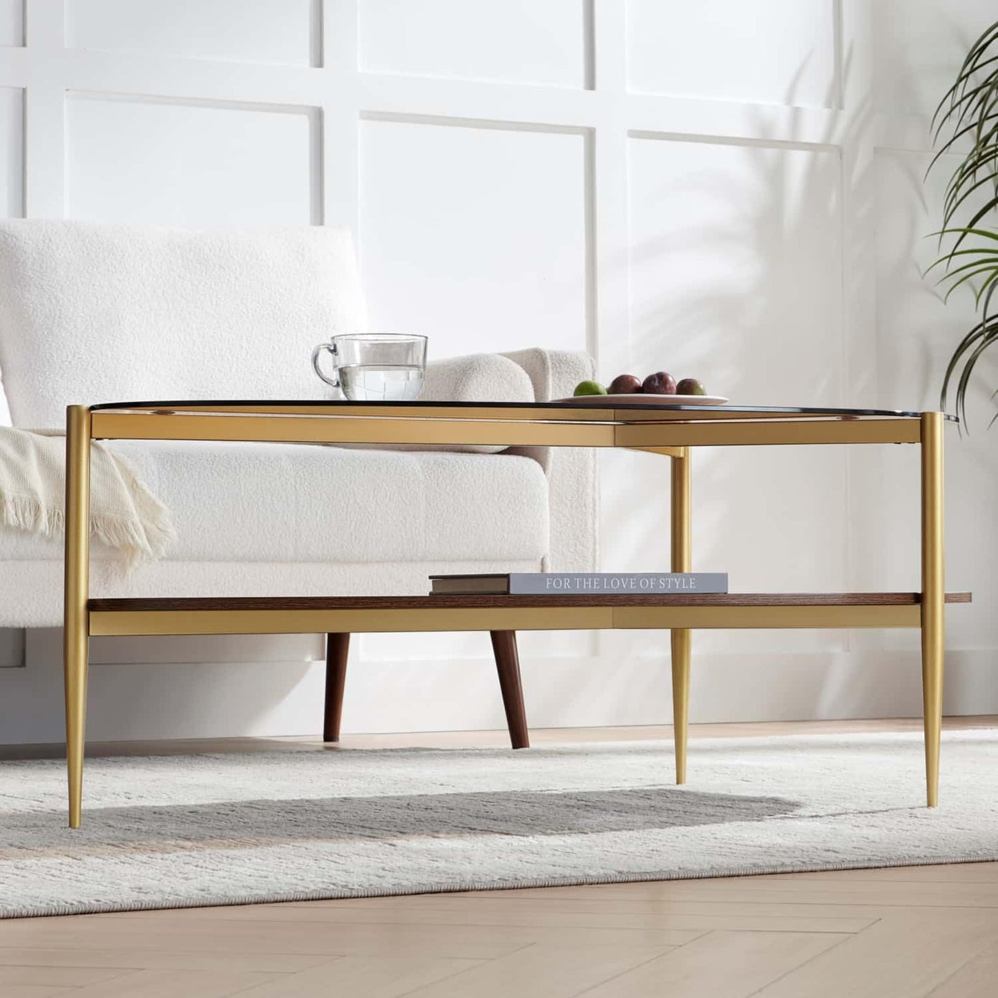 Oval Glass Coffee Table, Mid-Century Modern Design, L43 x W21 x H17 inch, for Living Room, 2-Tier Structure, Amber Glass Top, Walnut Finish Wood Shelf & Gold Finish Frame