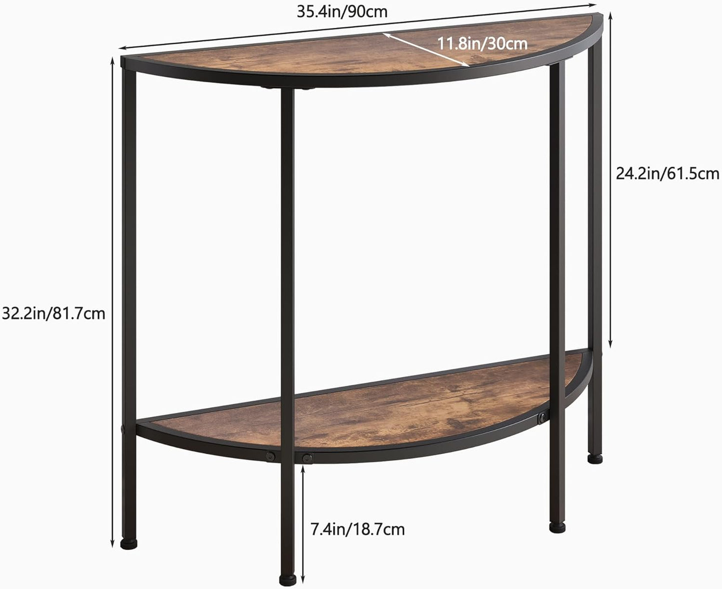 Entryway Table with Storage,Narrow Console Table for Living Room Coffee Table 2-Tier Half Moon Sofa Table,Small Entry Table,Hallway Side Table with Metal Frame,Rustic Brown and Black