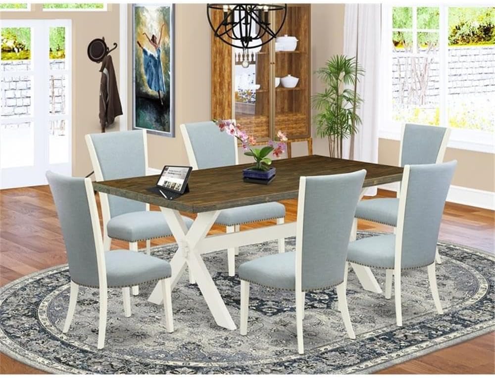East West Furniture X077VE215-7 7 Piece Dining Set Consist of a Rectangle Dining Room Table with X-Legs and 6 Baby Blue Linen Fabric Upholstered Parson Chairs, 40x72 Inch, Multi-Color
