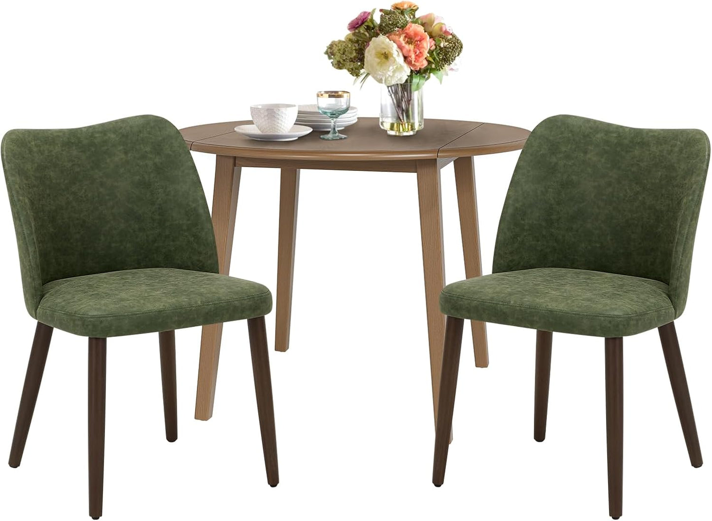 COLAMY 3-Piece Extendable Dining Table Set for 2, 36" Kitchen Round Wood Table with 2 Wooden Dining Room Chairs,Light Brown/Green