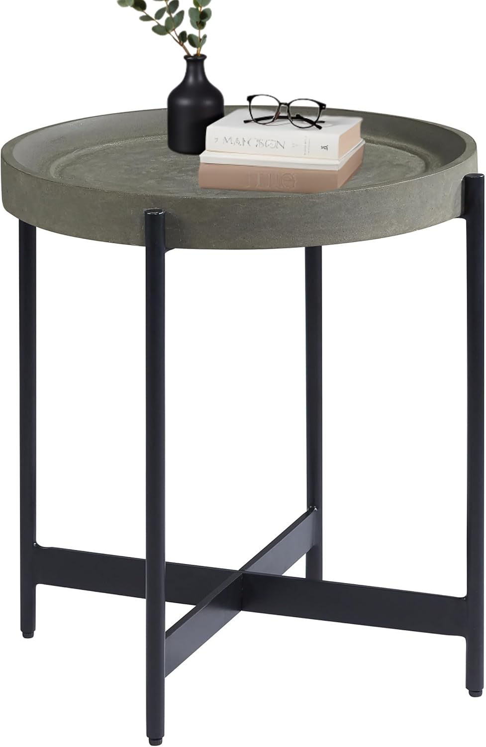 Alaterre Furniture Brookline 20-Inch Round Wood End Table with Concrete Coating and Powder-Coated Iron Legs – Tray Style Top Home Accent for Living Room, Bedroom or Office (Gray)