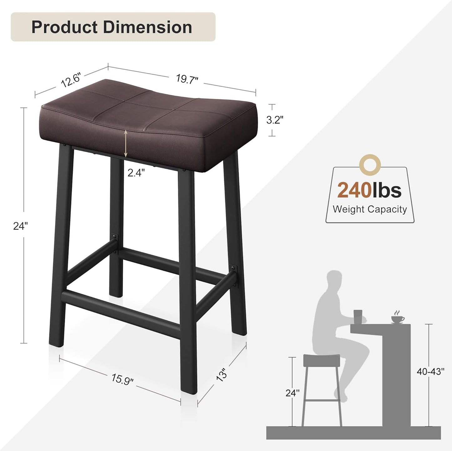 GarveeHome Counter Height Bar Stools Set of 2, 24 Inch Brown Barstools for Kitchen Island Counter, Upholstered Padded Saddle Chairs with Curved Cushion, Easy Assembly