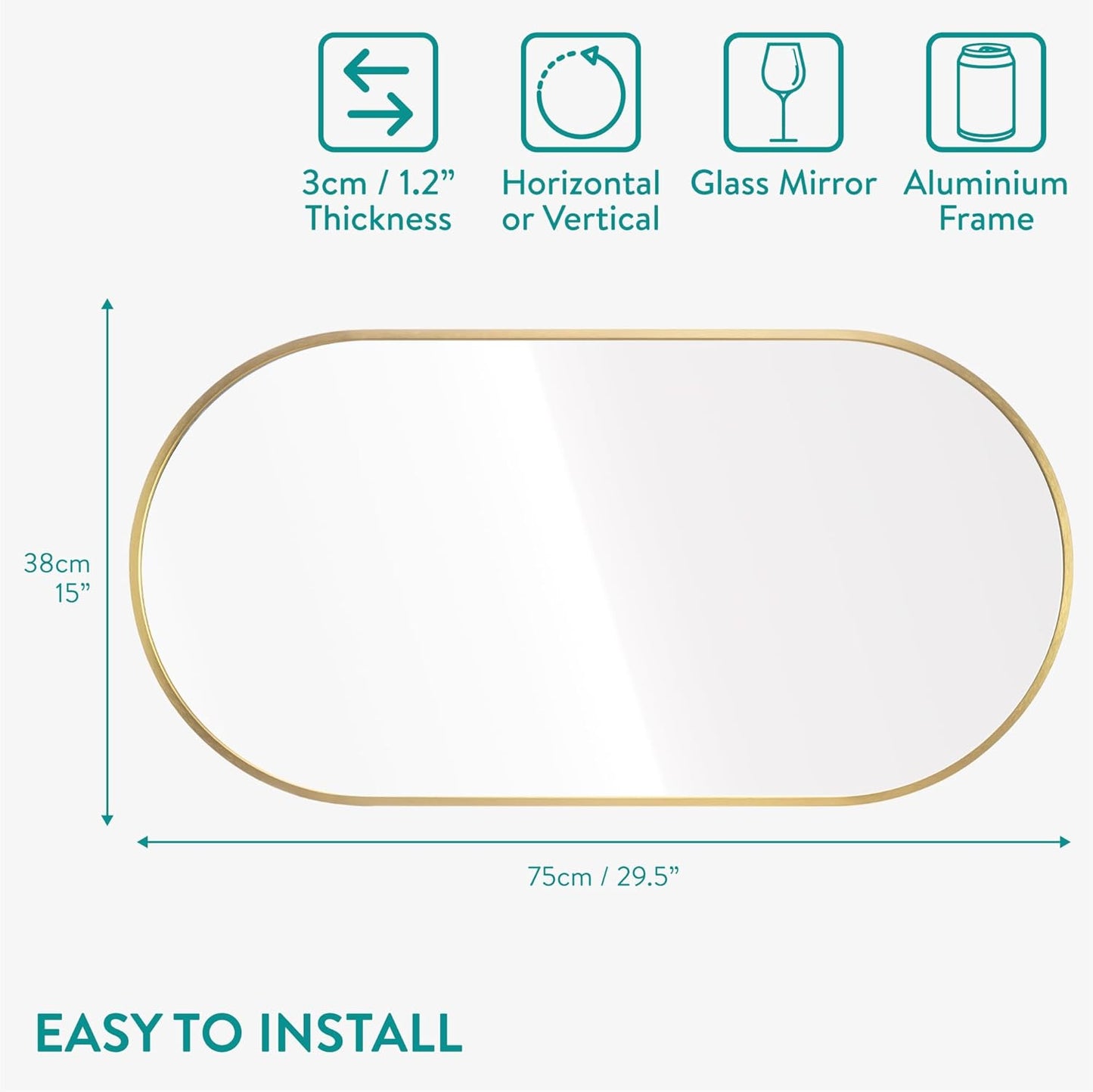 Navaris Oval Wall Mirror - 75 x 38 x 3 cm - Wall Mounted Hanging Mirror with Brushed Brass Rustproof Aluminium Frame - Mirror for Bathroom Bedroom Hallway