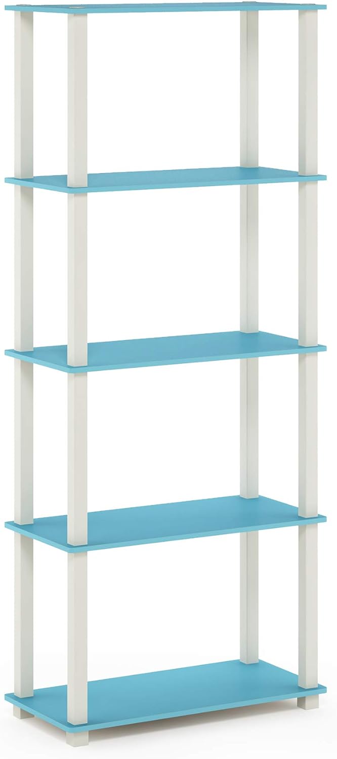 Furinno Turn-N-Tube 5-Tier Multipurpose Shelf / Display Rack / Storage Shelf / Bookshelf, Square Tubes, Light Blue/White