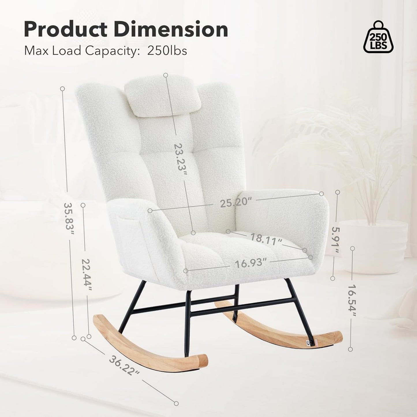 Nursery Rocking Chair,300Lb Glider Chair with Wood Legs/Two Side Pockets,Teddy Upholstered Glider Rocker with Padded Seat High Backrest for Living Room/Bedroom/Nursery