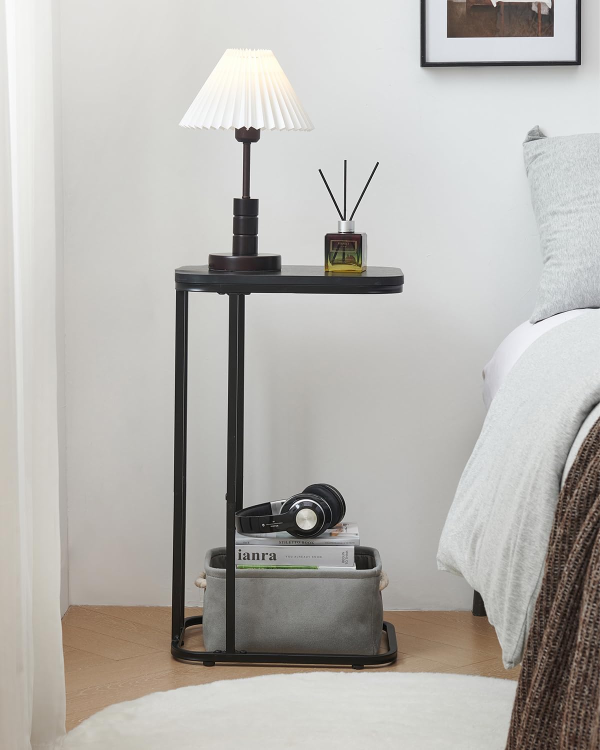 C Shaped End Table, 27 Inches High Small Side Table for Sofa and Bed, Couch Table That Slides Under, Tall Tv Tray Table for Living Room, Bedroom, Metal Frame, Ebony Black