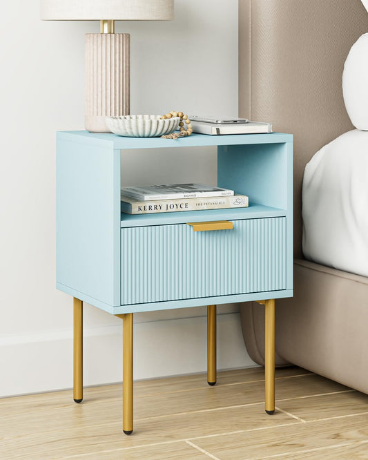 Nightstand,Morden Bedside Table with Gold Frame,Small White Night Stand,End Table,Bedside Furniture,Side Table with Drawer and Shelf for Bedroom,Living Room (1Drawer, Blue)