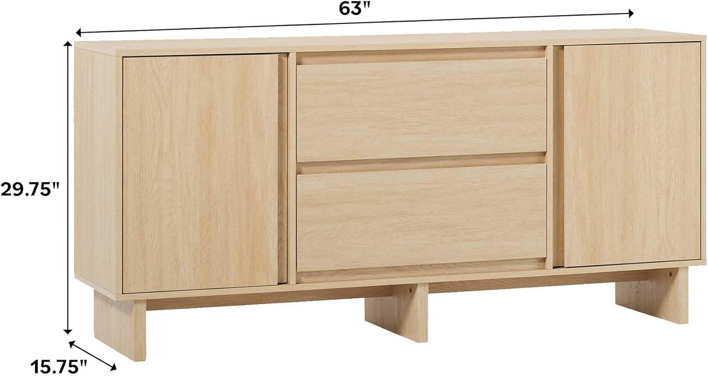 Walker Edison Modern Beveled 2-Door, 2-Drawer Sideboard, 63 Inch, Coastal Oak