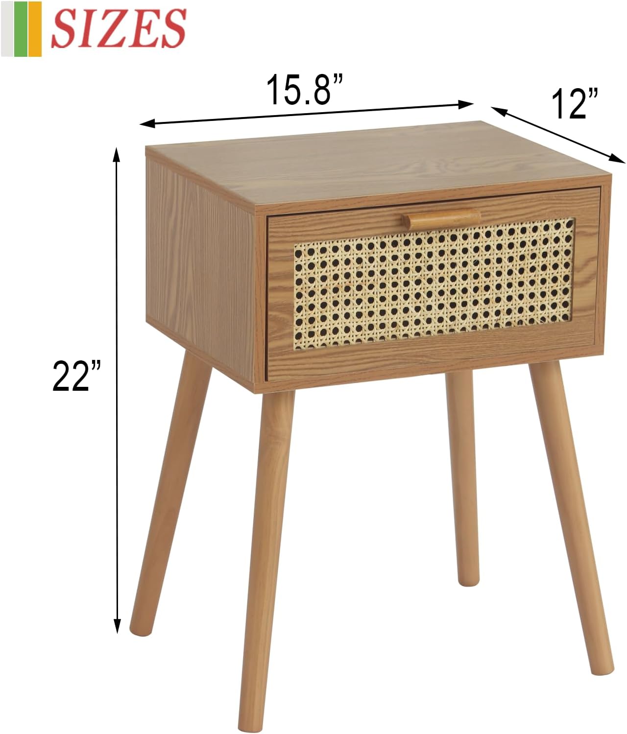 AWASEN Mid Century Nightstand, Rattan Side Table with Drawer, Modern Bedside Table with Storage and Solid Wood Legs for Living Room, Bedroom and Small Space (Brown)