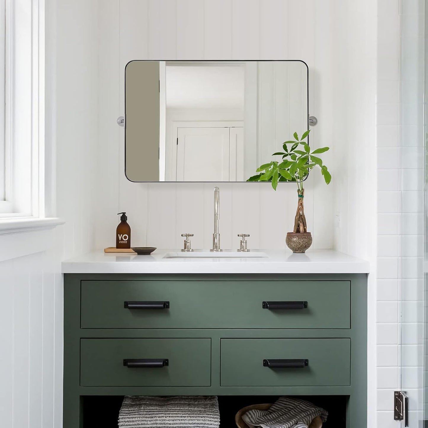 MOON MIRROR 36" x 24" Brushed Nickel Rectangle Bathroom Mirror, Tilting Rounded Rectangular Metal Framed Pivot Wall Mirror, Hangs Horizontally Only(Overall 39.75" x 22")