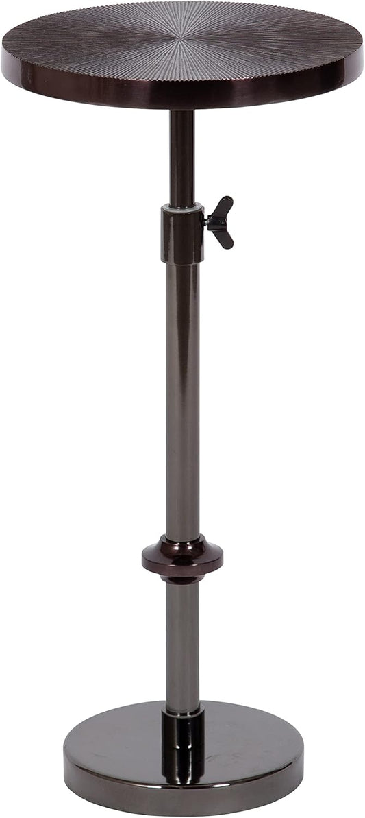 Kate and Laurel Engles Transitional Adjustable-Height Pedestal Drink Table; 10 x 10 x 30; Gray Gunmetal; Vintage Round Indoor Metal Plant Stand with Embossed Sunburst Pattern
