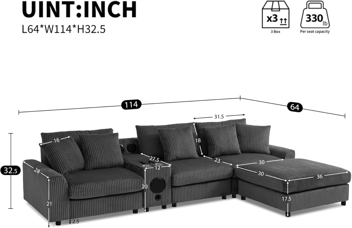 Merax 114 * 64" Corduroy Sectional Couches with Bluetooth Speakers, Storage, Ottoman & Pillows, Upholstered Modular Sofa Chaise with Console, USB Charger, Cup Holders for Living Room Apartment, Grey