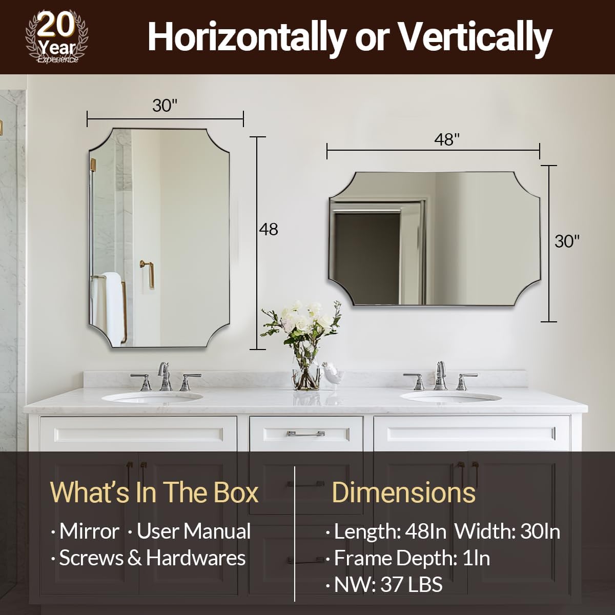 ANDY STAR Brushed Nickel Mirror 30x48 Inch, Large Scalloped Bathroom Mirror, Anti-Rust Stainless Steel Metal Thin Frame Deep 1’’, Unique Rectangle Mirror Hangs Vertically or Horizontally