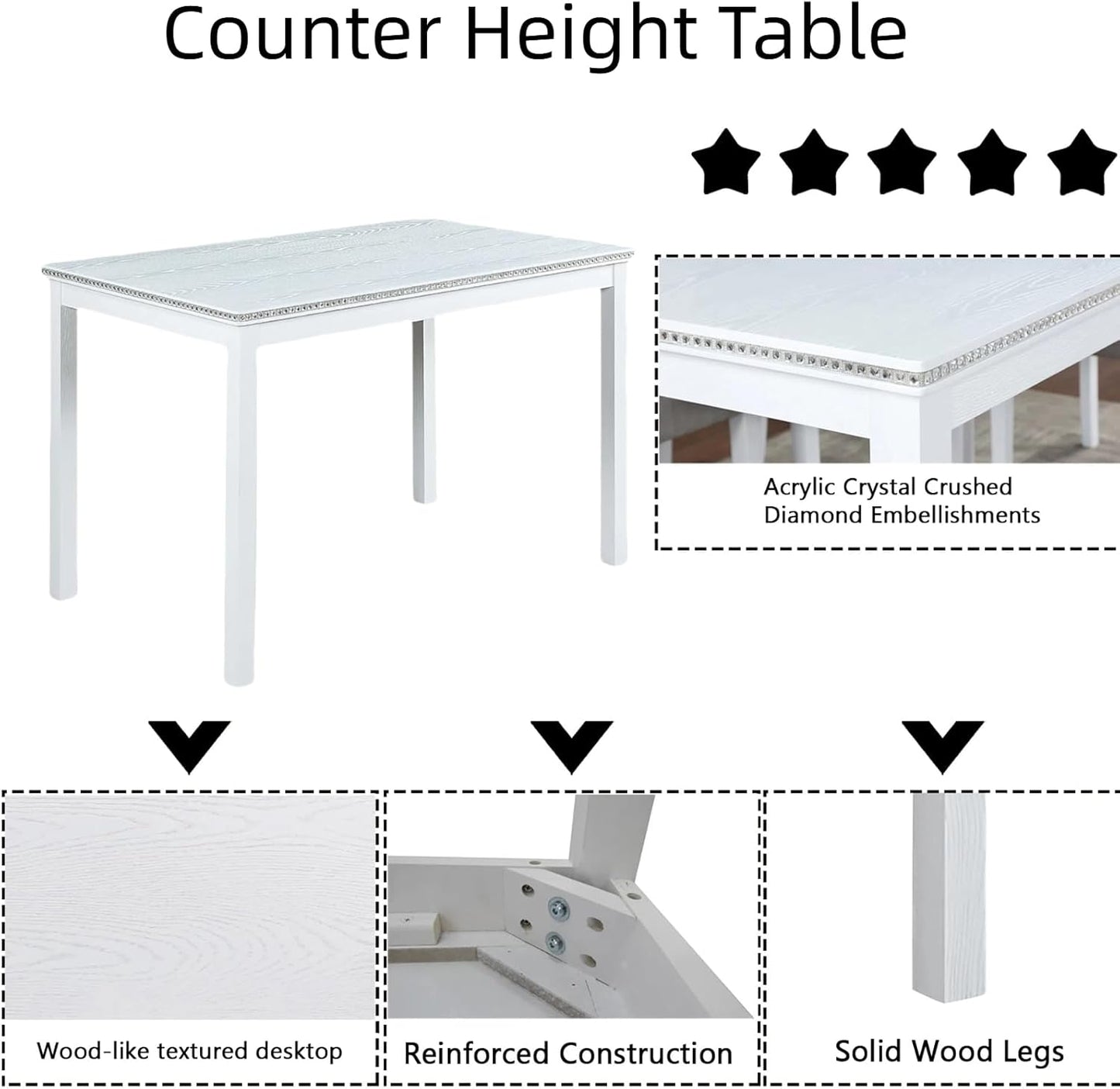 Dining Table Set for 4, 5-Piece Dining Room Table Set with Rectangular Crystal Decoration Table & 4 Upholstered Backrest Chairs, Counter Height Kitchen Sets with MDF Tabletop, White