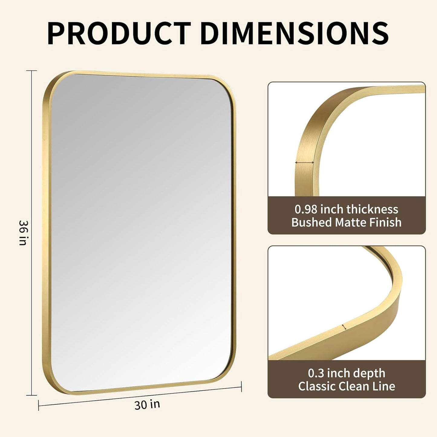 Gold Bathroom Mirror, 30x36 Inch Aluminum Frame Rectangle Mirror, Anti-Rust, Tempered Glass, Wall Mirror for Over Sink, Vanity, Bedroom, Entryway, Horizontal/Vertical