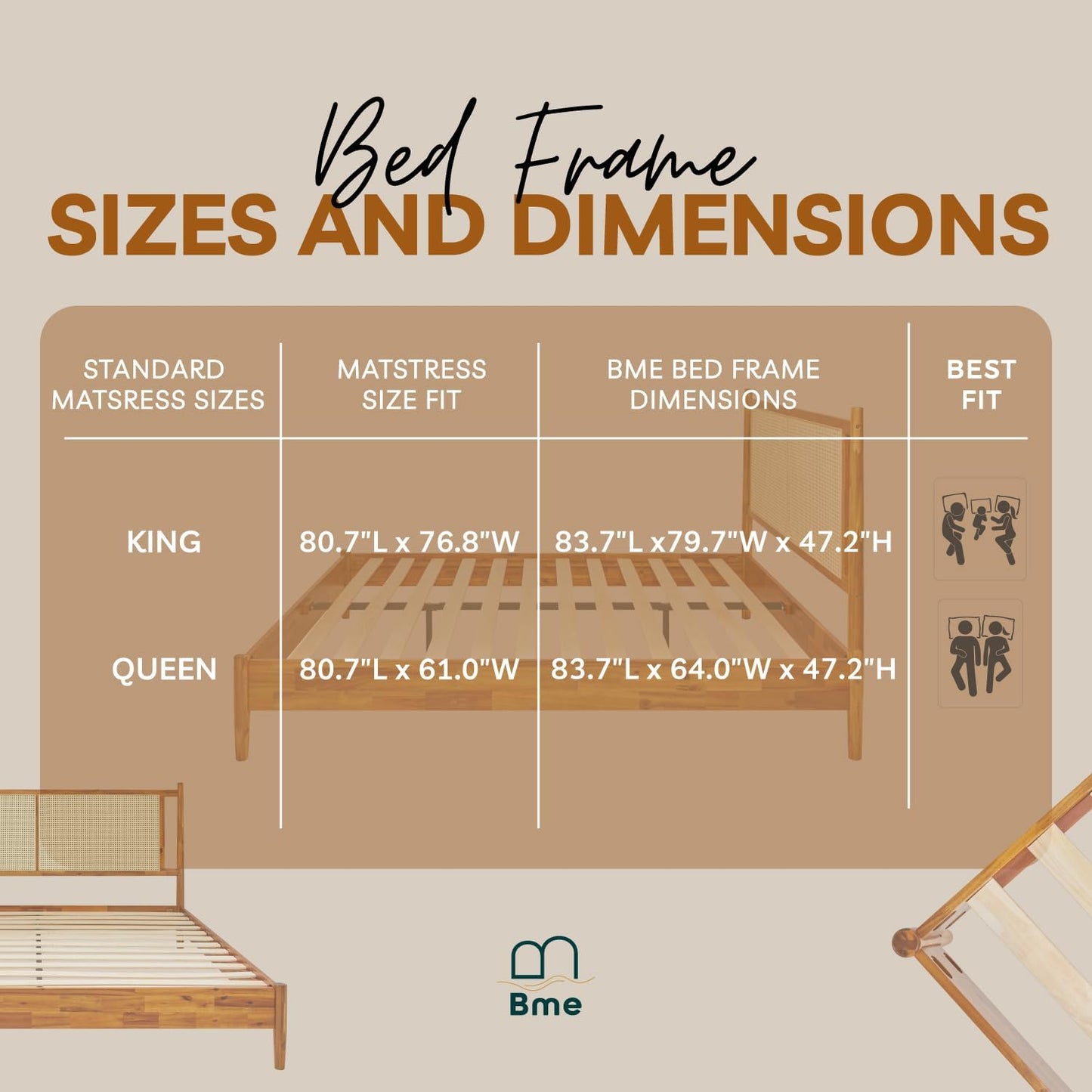 Bme Oliver King Bed Frame and Headboard - 15-Inch Signature Design with Rattan Headboard, Bohemian and Mid Century Style, 12-Slat Wood Support, No Box Spring Needed - Easy Assembly, Caramel