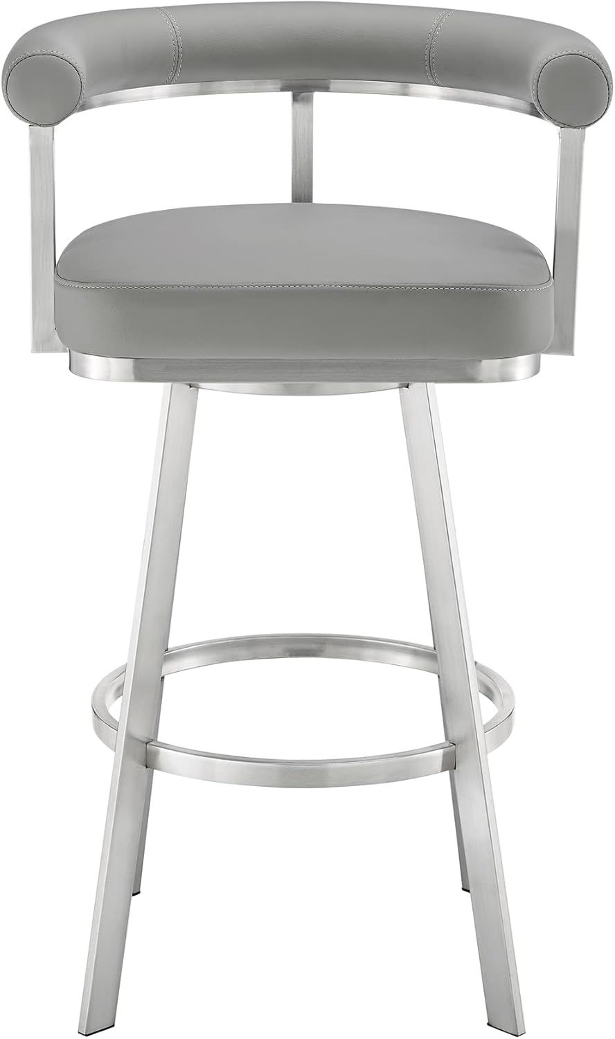 Armen Living Magnolia Swivel Bar Stool in Brushed Stainless Steel with Light Grey Faux Leather