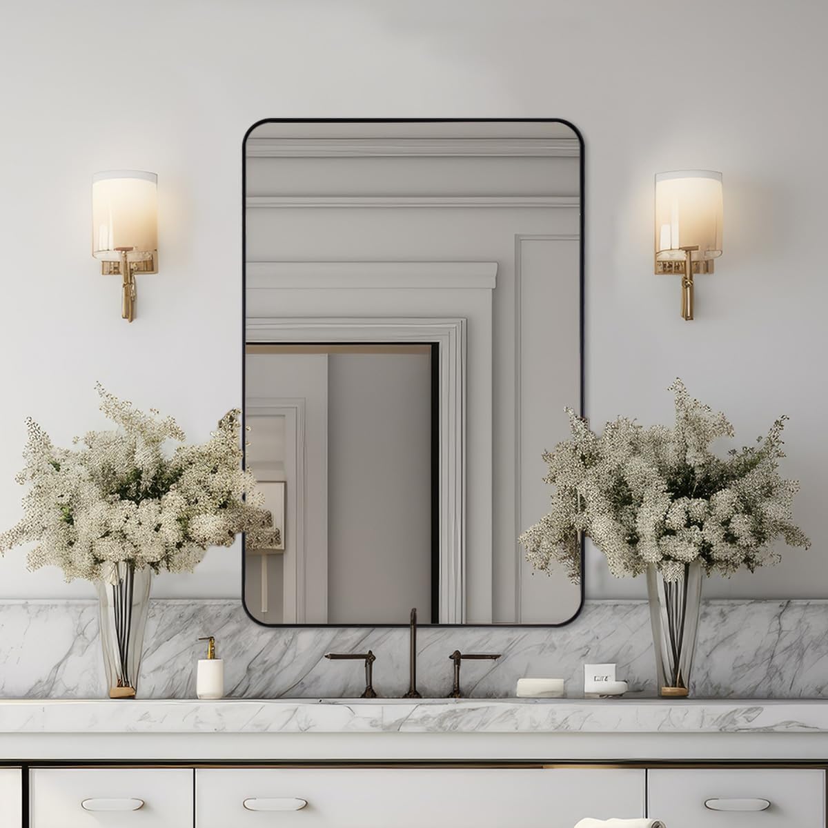 Black Bathroom Mirror 24"x36", Modern Round Corner Bathroom Vanity Mirror, Matte Black Wall Mirror for Bedroom, Living Room, Shatterproof, Anti-Rust, Wall Mounted Horizontal or Vertical