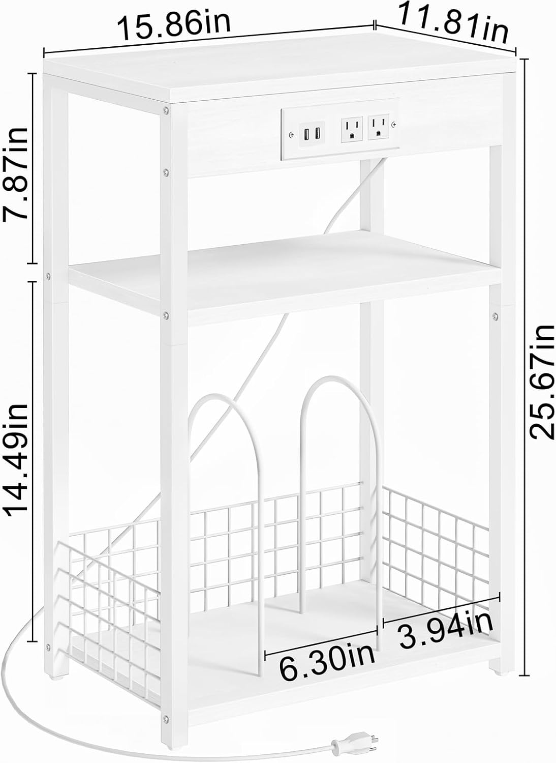 LELELINKY 3 Tier End Table with Charging Station, White Record Player Stand with Storage Up to 100 Albums Brown, Night Stand with USB Port, Nightstand for Small Spaces