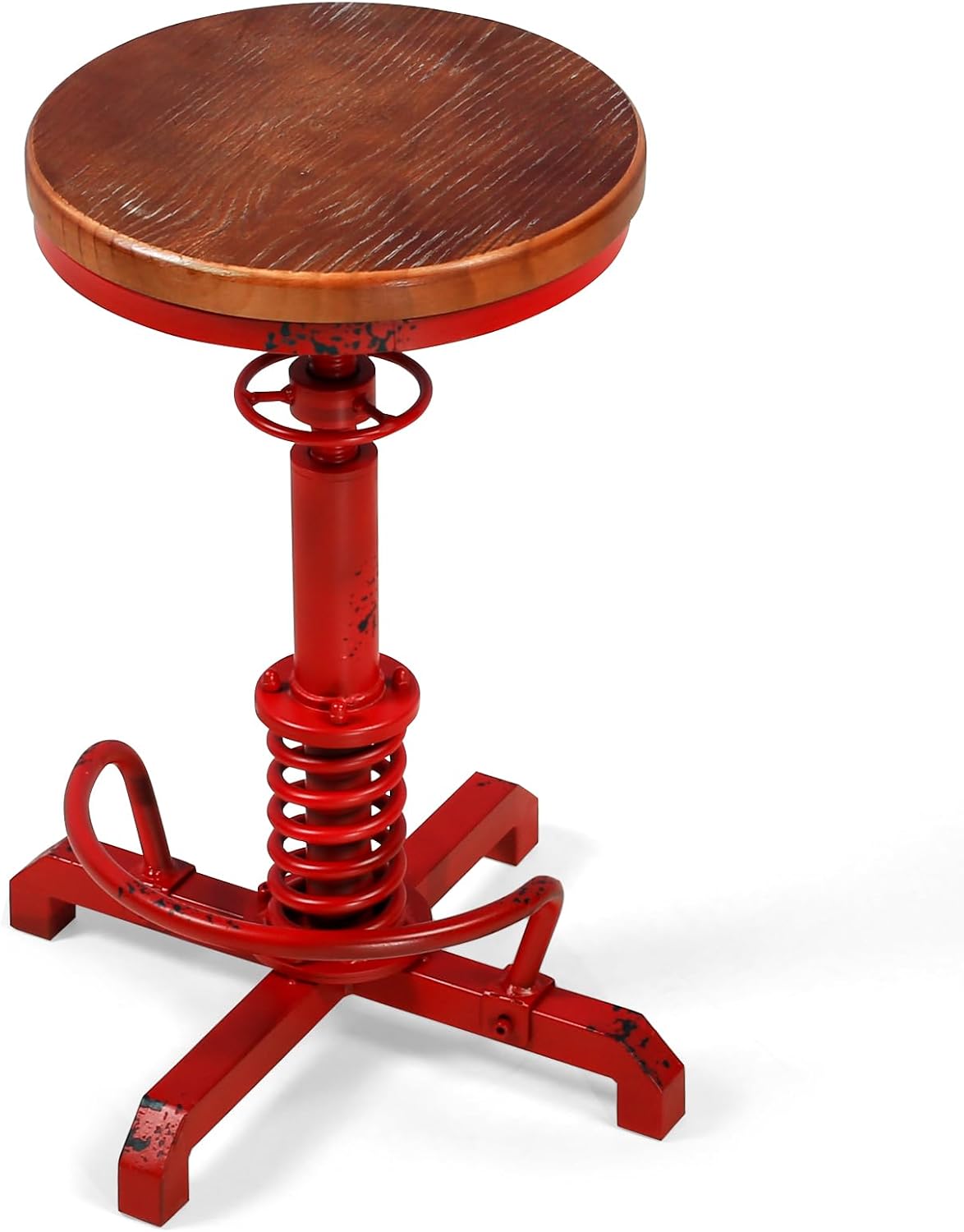 LOKKHAN American Antique Steampunk Bar Stool 24.41"-28.35" Vintage Industrial Adjustable Swivel Backless Counter Stool for Home, Dining, Breakfast, Pub, (Heavy Duty Metal & Wood, Aged Red, Brown Top)