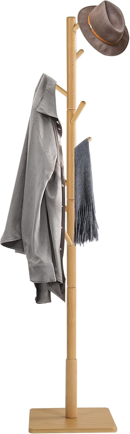 Yawinhe Coat Rack, Sturdy Wooden Coat Tree with 8 Hooks, 3 Adjustable Height for Bedroom, Hallway, Entrance, Office, 11.8 x 70.8 inches, Natural, 1-Pack, Square Base
