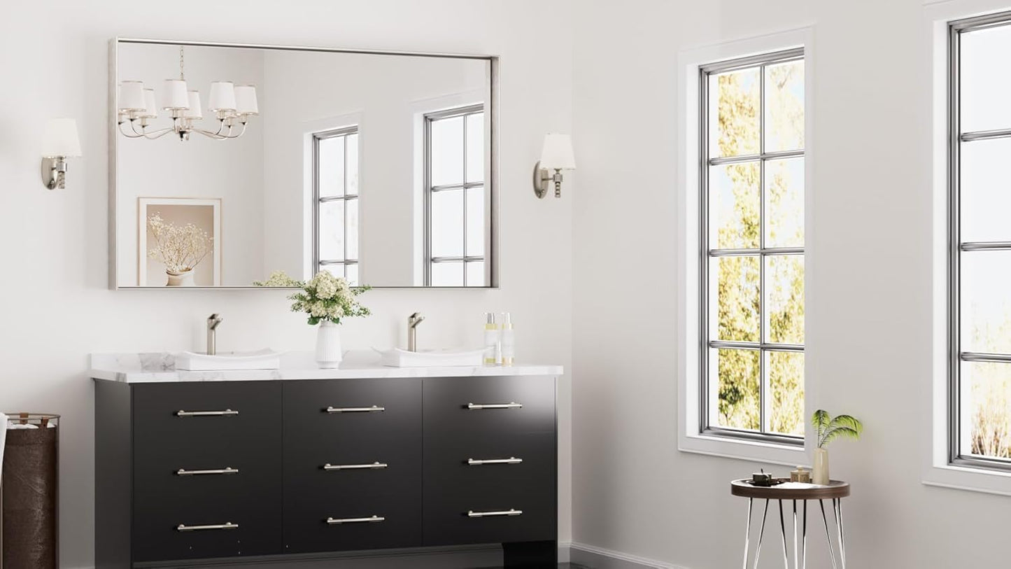 Keonjinn 60 x 36 in Brushed Nickel Bathroom Mirror, Rectangular Metal Framed Wall Vanity Mirror for Over Sink Square Corner Aluminum Alloy Modern Decorative Rectangle Mirror(Horizontal/Vertical)