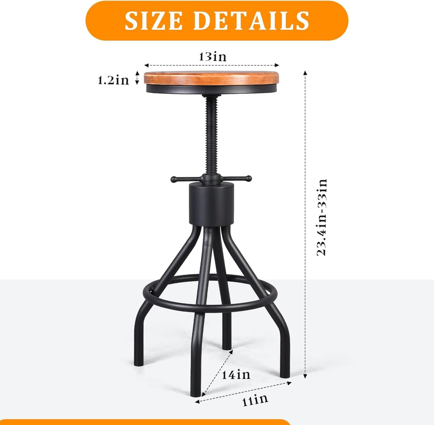 Diwhy Industrial Vintage Kitchen Counter Height Adjustable Bar Stool, Farmhouse French Stylish Kitchen Stool, Swivel Chair, Solid Wood Metal Chiar, Easy Installation, Fully Welded Set of 2 (Black)