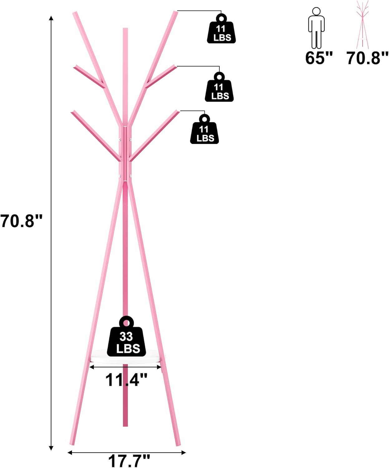 Coat Rack Hat Stand Free Standing Display Hall Tree Metal Hat Hanger Garment Storage Holder with 9 Hooks for Clothes Hats and Scarves (Pink)