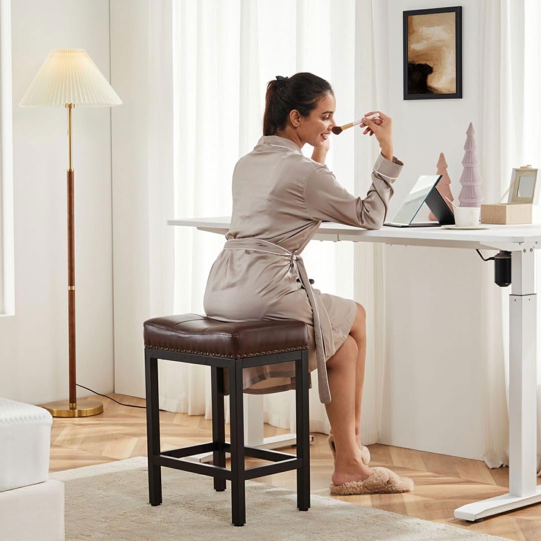 Counter Stools Set of 2 Upholstered Counter Height Bar Stools with Padded Seats and Metal Base, Leather Saddle Stool for Modern Kitchen Island, 22.4-Inch, Brown