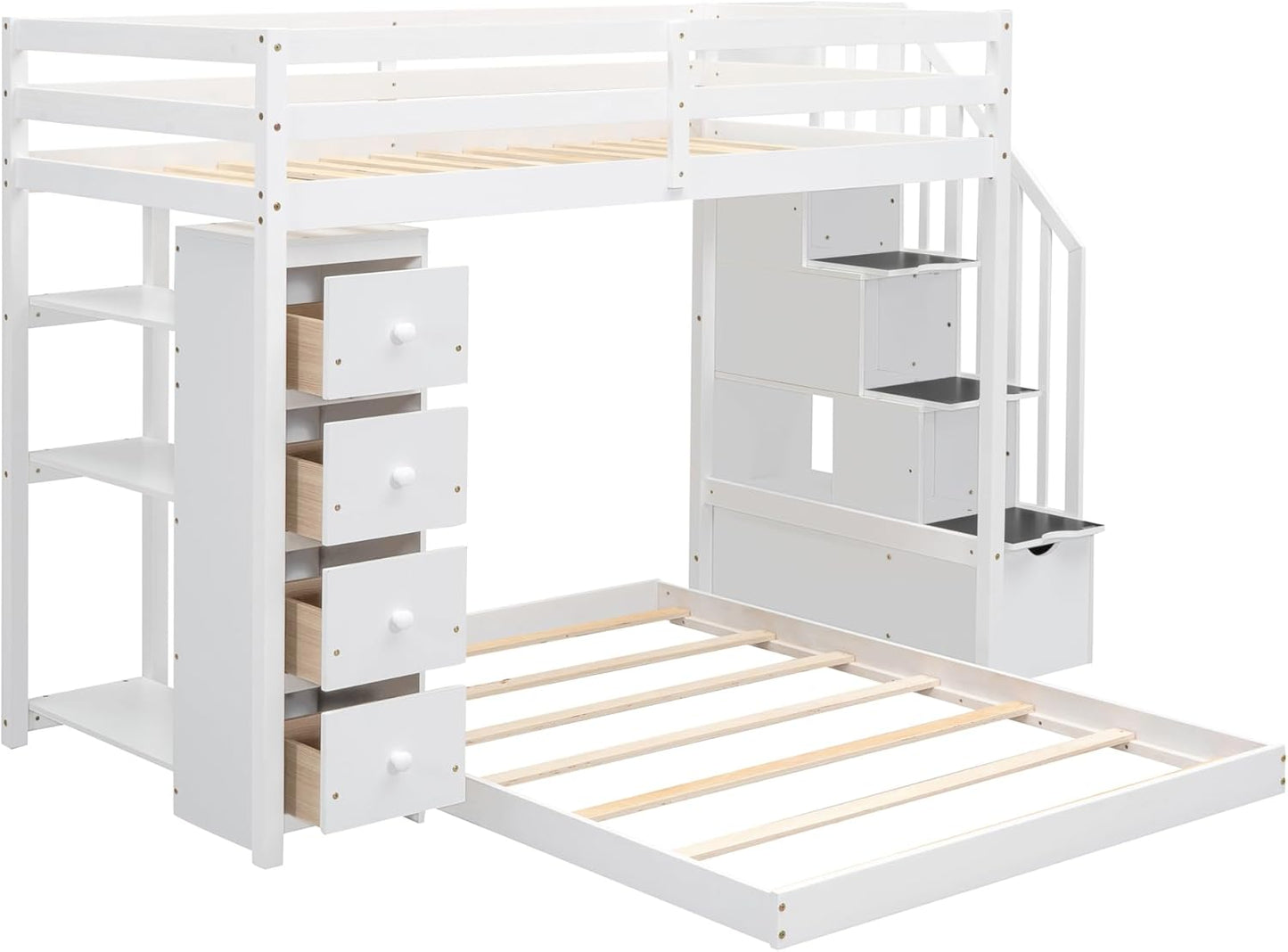 Twin Over Full Bunk Bed with 3-Layer Shelves,Wood L-Shape High Loftbed Frame W/ 4 Drawers & Storage Stairs,No Box Spring Required,Slats Support,for Kids Teens Adults,White