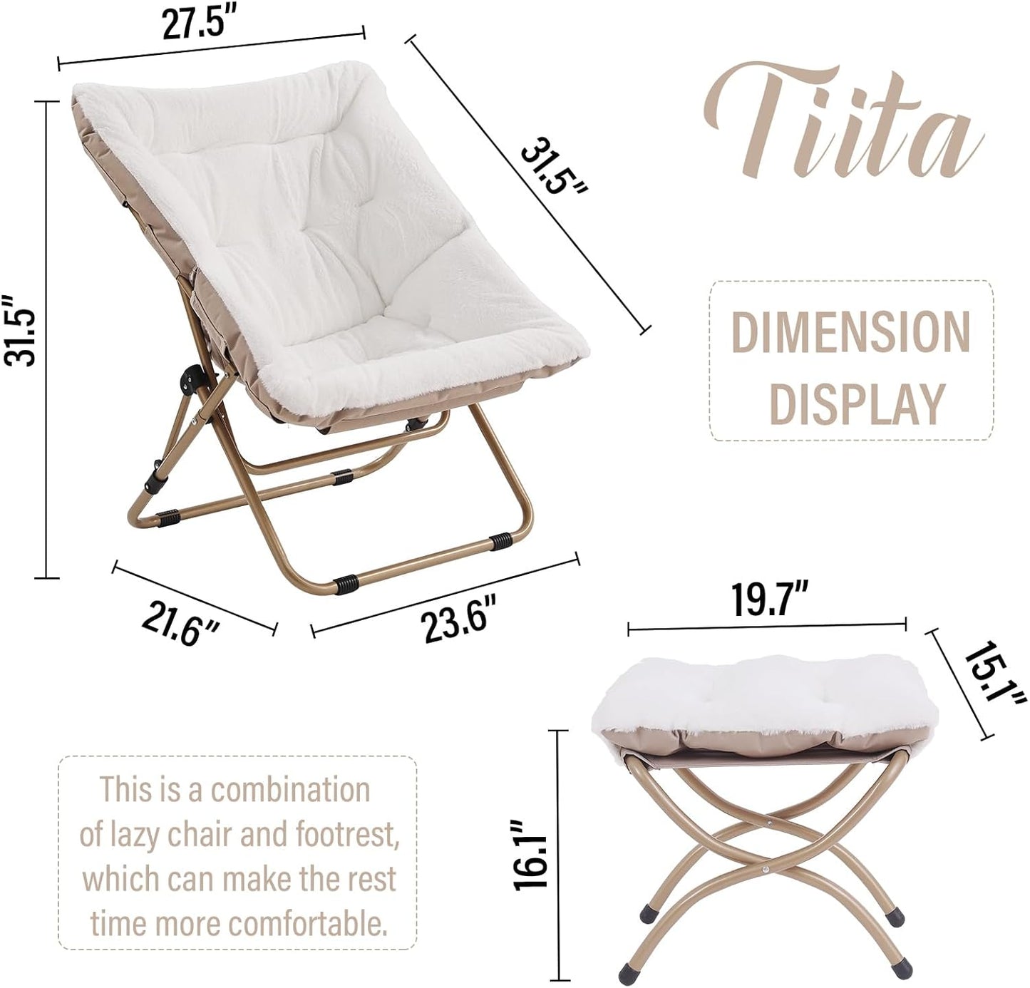 Tiita Folded Chair with Ottoman, Soft Faux Fur Oversized Folding Accent Chair,Lounge Lazy Chair, Metal Frame Moon Chair for Bedroom, Living Room, Dorm Rooms, Garden and Courtyard