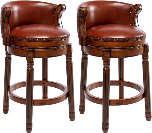 Cow top Leather Wooden Bar Stools, 29.5" Bar Height Bar Chair with Back, 180 Degrees Swivel Barstools Chair for Home Kitchen Counter,Dining Room, Restaurant,Study and Pub,2pcs(Brown)