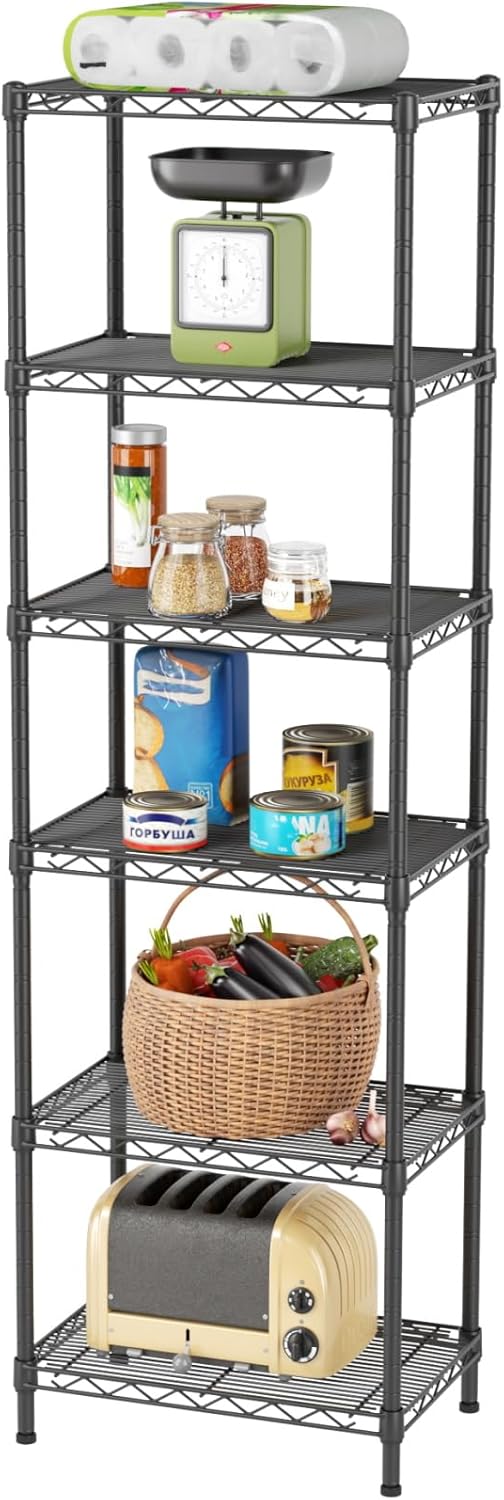 SINGAYE 6 Shelves Bathroom Organizers and Storage Shelf Wire Closet Metal Pantry Kitchen Small Garage Shelving Unit Laundry Room Organization Home Tall Rack Balck 10" D x 16" W x 60”H