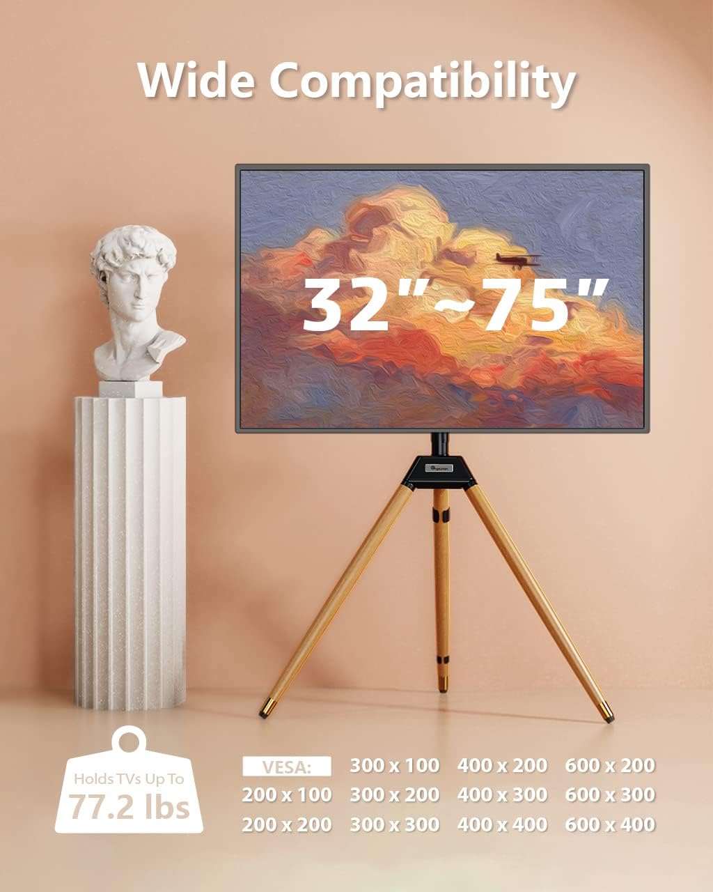 Tripod TV Stand for 32-75 Inch Screen up to 77lbs, Height Adjustable Easel TV Floor Stand with Wood Legs and Cable Ties