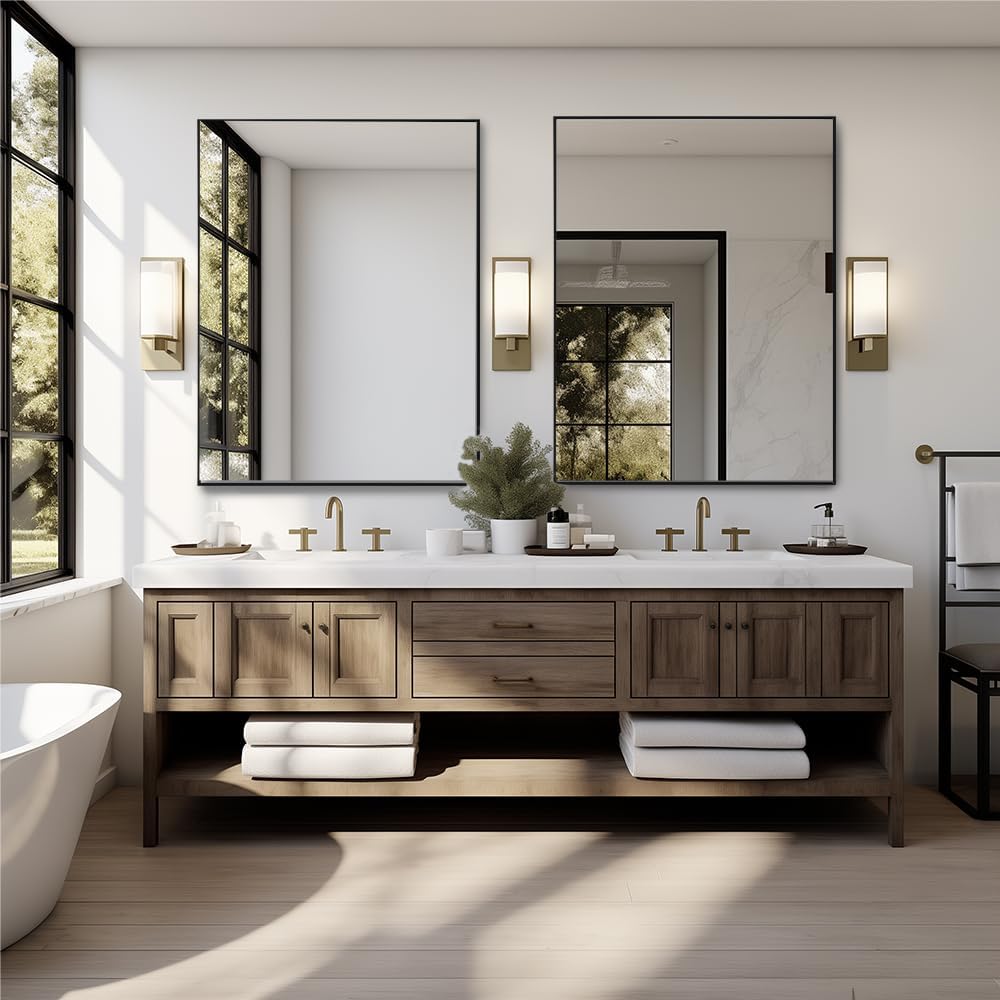 Bathroom Mirror 26"x38" Wall Rectangle Mirror Black Vanity Square Frosted Metal Frame Anti-Rust Tempered Glass Hangs Mirror for Bathroom Bedroom Entryway Living Room Decorative
