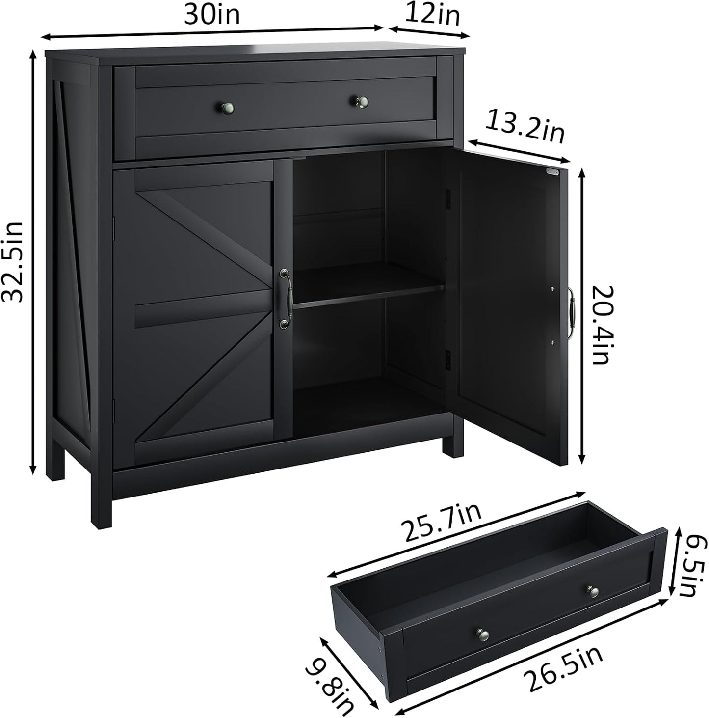 Buffet Sideboard with 2 Barn Doors,Black Kitchen Cabinet with Adjustable Shelf, Freestanding Floor Storage Cabinet