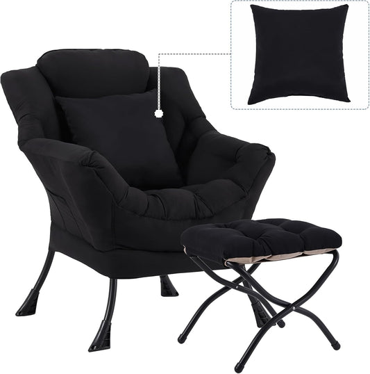Lazy Chair with Ottoman, Comfy Reading Chair with Footstool & Pillow Modern Lounge Chair with Armrests & Side Pocket for Living Room, Bedroom, Dorm Room，Black