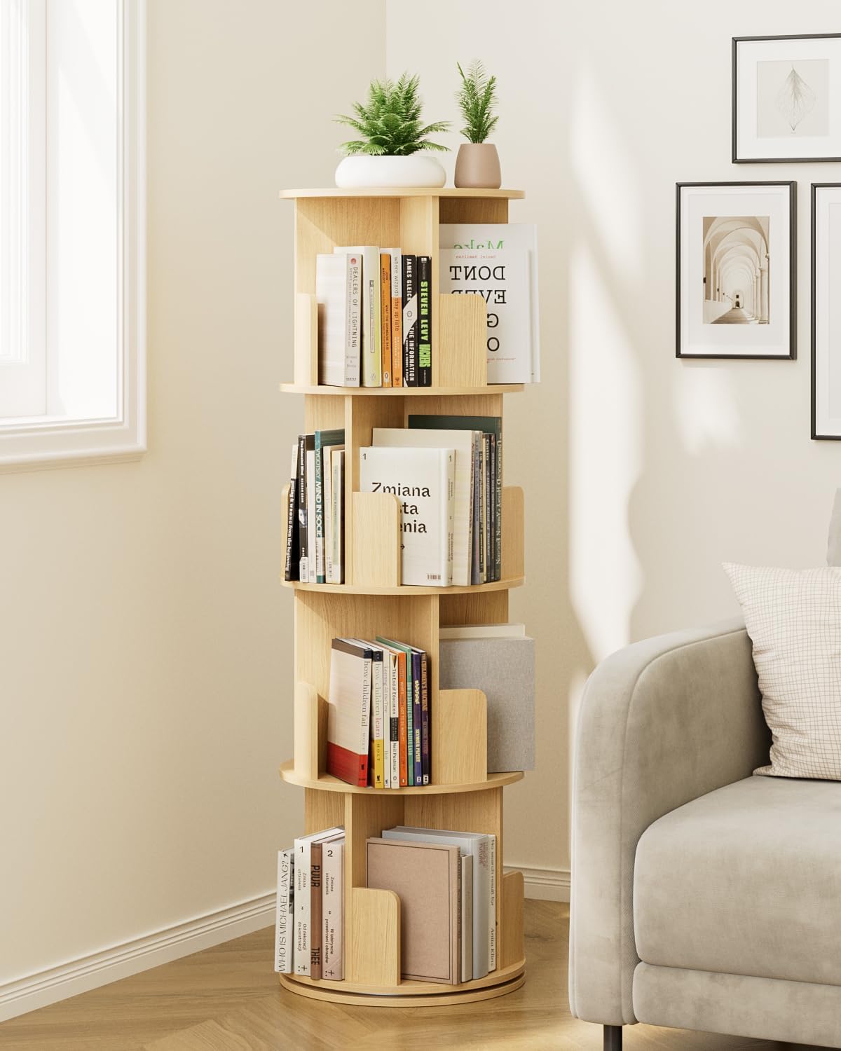 Masupu Rotating Bookshelf, Tall 4 Tier Rotating Spinning Bookshelf Tower, 360 Spinning Floor Standing Bookcase Storage Rack, Conner Rotating Book Shelf for Kids Rooms, Bedroom, Living Room