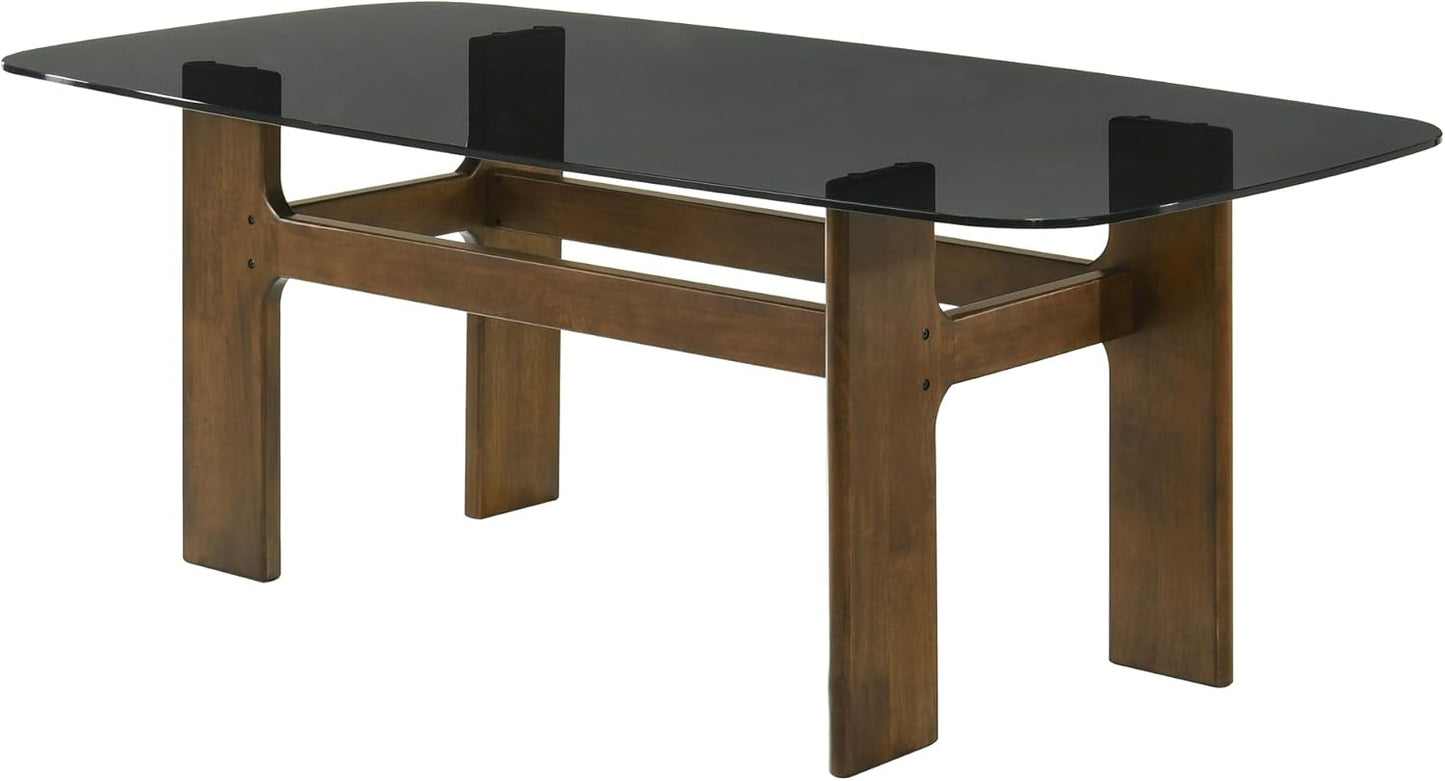 Armen living Ileena Mid-Century Modern 79 in. Rectangle Wood Dining Table in Walnut Finish with Tempered Glass Top