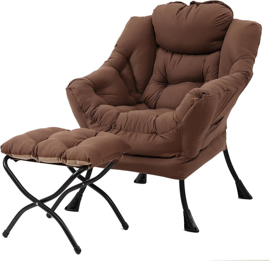 Lazy Chair with Folding Ottoman, Modern Accent Lounge Armchair with Armrests and a Side Pocket & Foldable Footstool, Leisure Reading Chair for Living Room, Bedroom, Dorm & Office, Dark Brown