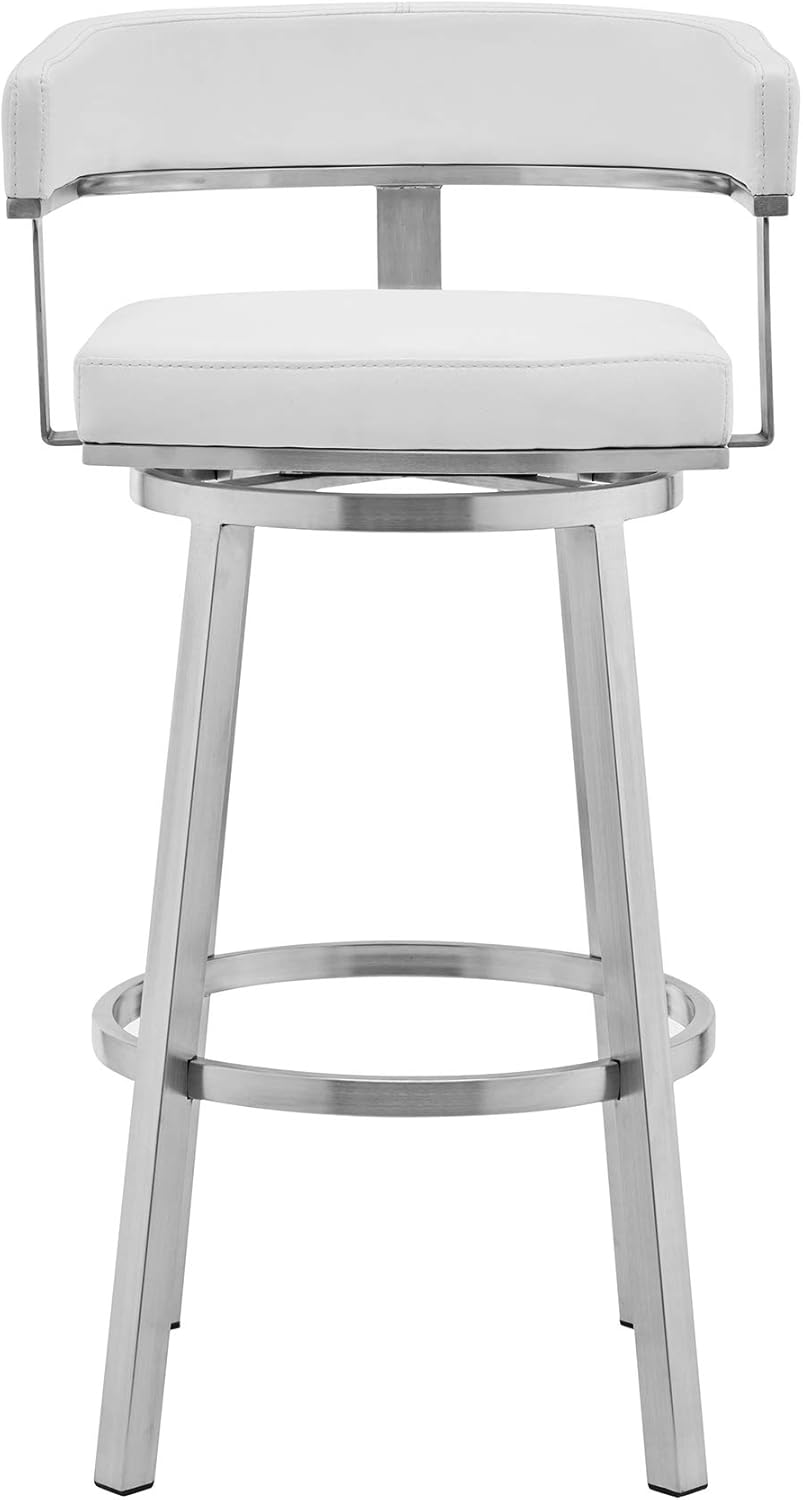 Armen Living Lorin Modern 30" Seat Height White Faux Leather and Brushed Stainless Steel Metal Swivel Bar Stool for Kitchen Island Counter