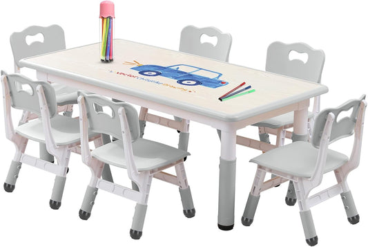 Kids Table and Chairs Set, Height Adjustable Desk With 6 Seats for Ages 2-12,Arts & Crafts Table,Graffiti Desktop, Non-Slip Legs, Max 300lbs, Children Multi-Activity Table for Classrooms,Daycares,Home