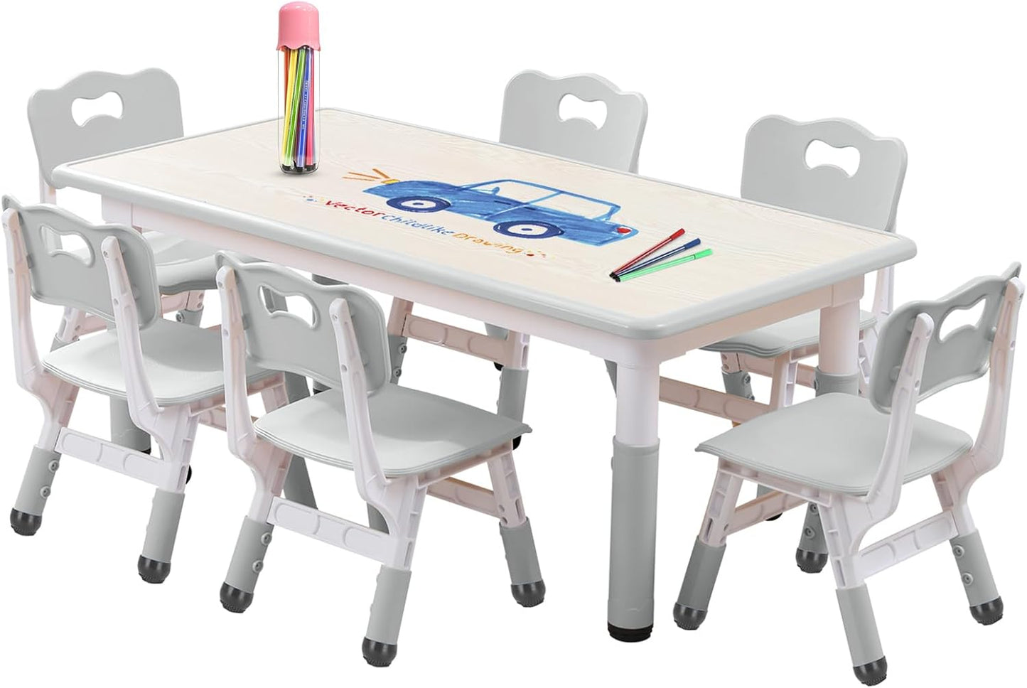 Kids Table and Chairs Set, Height Adjustable Desk With 6 Seats for Ages 2-12,Arts & Crafts Table,Graffiti Desktop, Non-Slip Legs, Max 300lbs, Children Multi-Activity Table for Classrooms,Daycares,Home